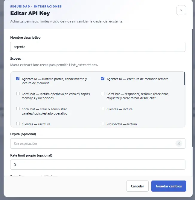 Edición de una API key y sus scopes