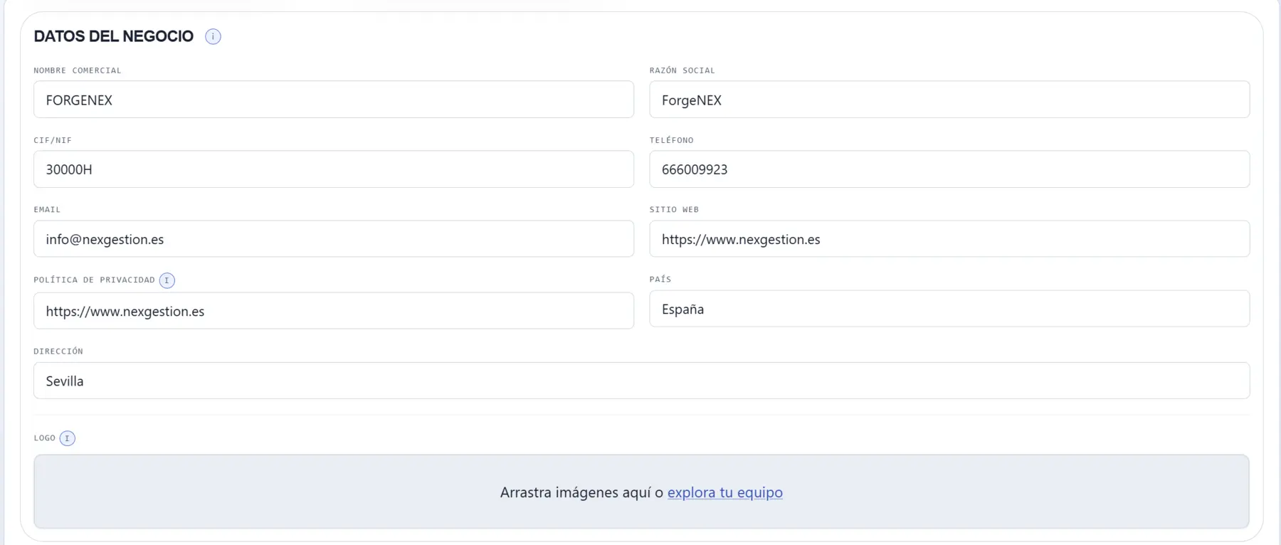 Datos del negocio en Configuración General
