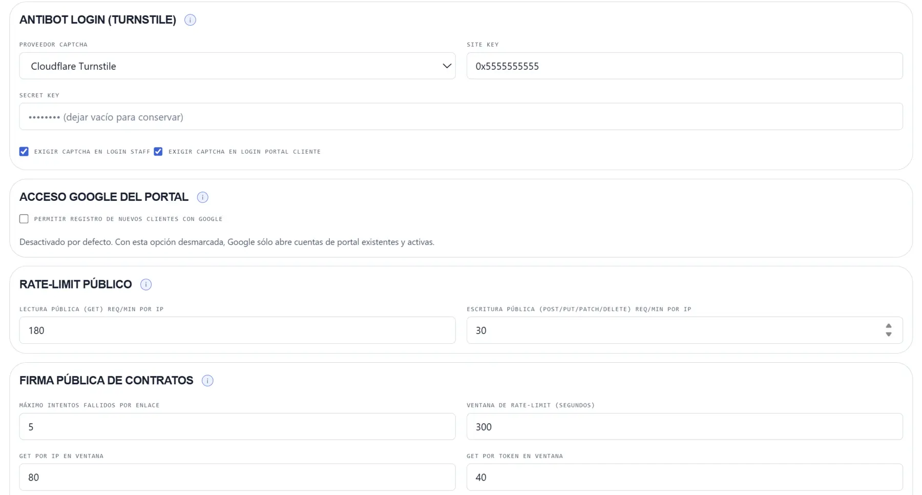 Configuración pública de seguridad y límites