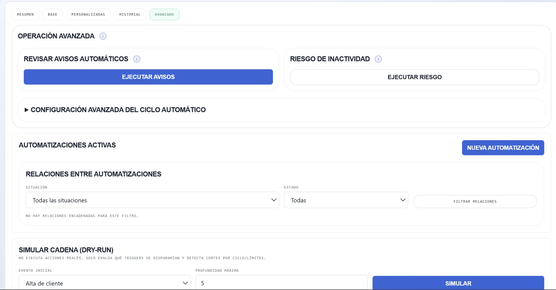 Operación avanzada, riesgo de inactividad y simulación de cadenas