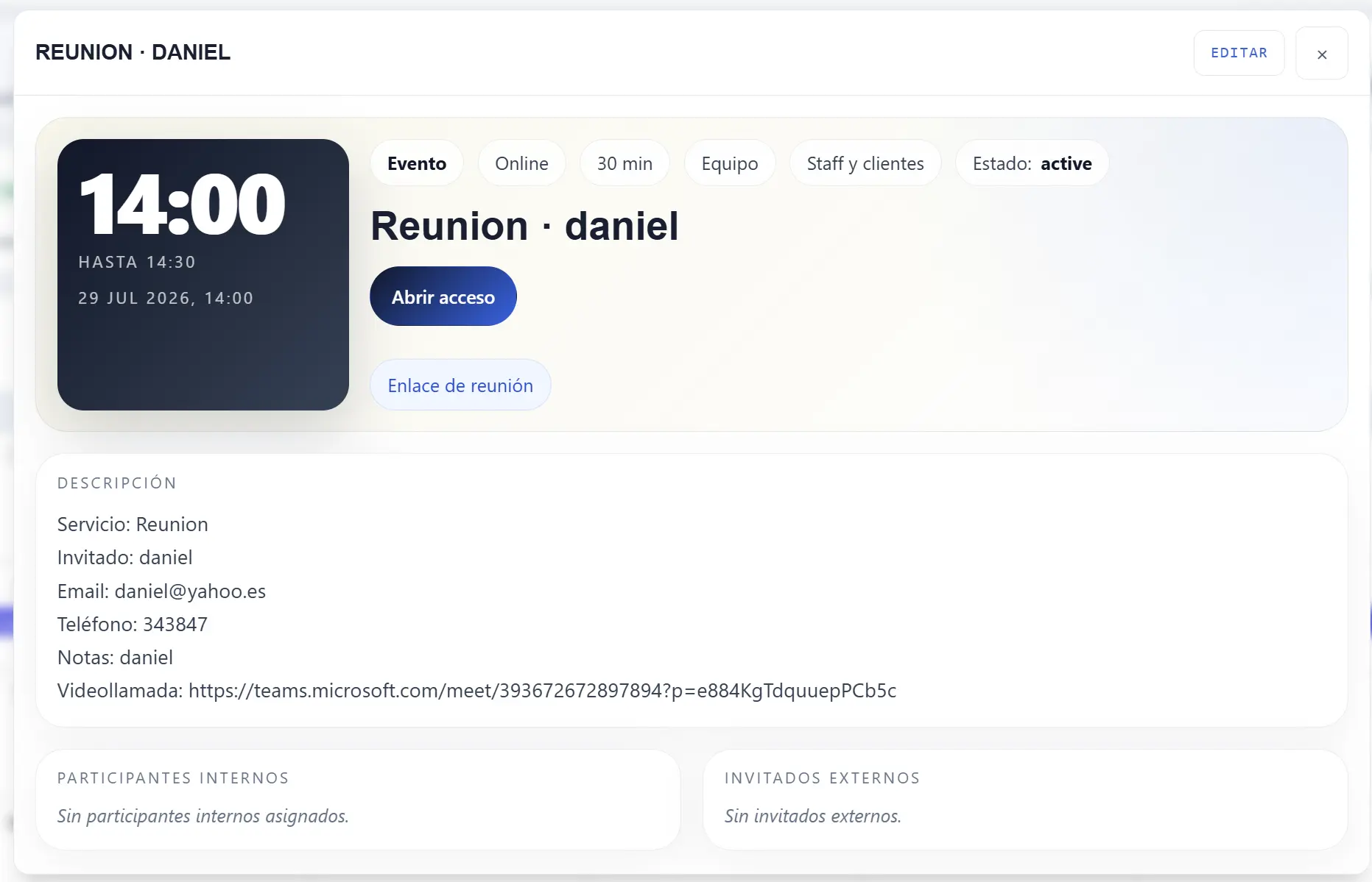 Detalle de una reunión en Calendario