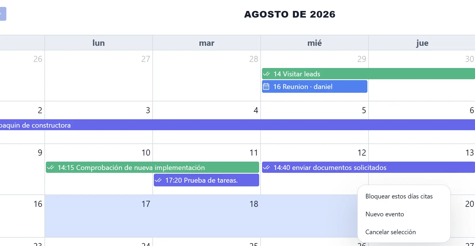 Menú de acciones al seleccionar varios días