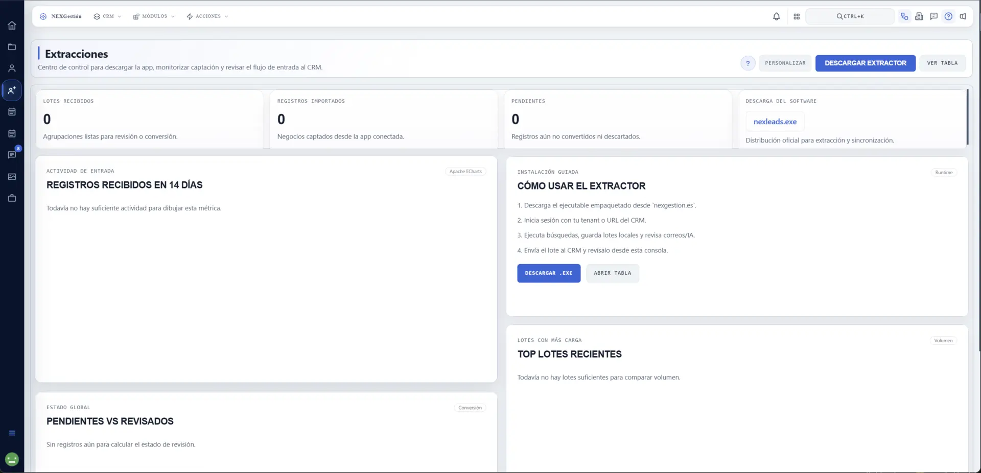 Dashboard de Extracciones con descarga, lotes y guía de uso