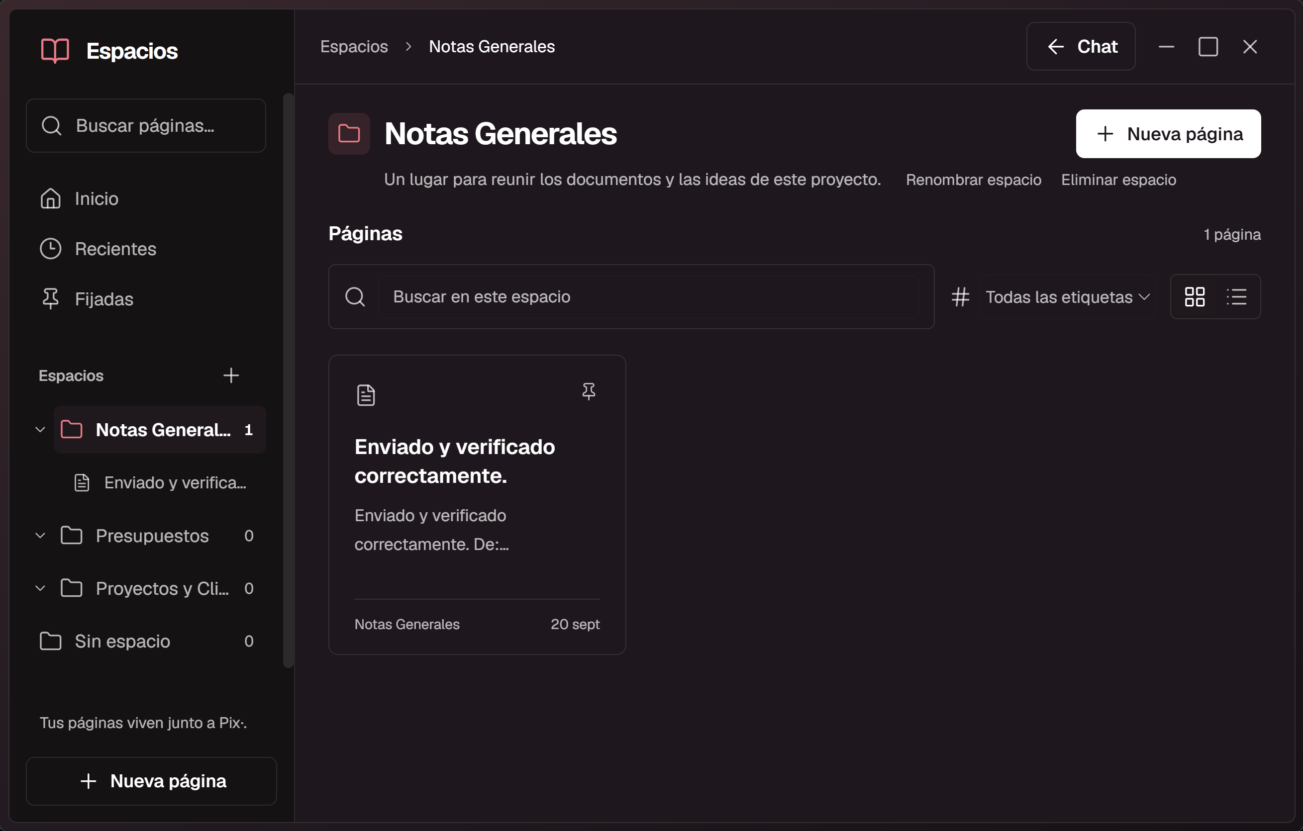 Espacios de Pix con carpetas de notas, presupuestos y clientes