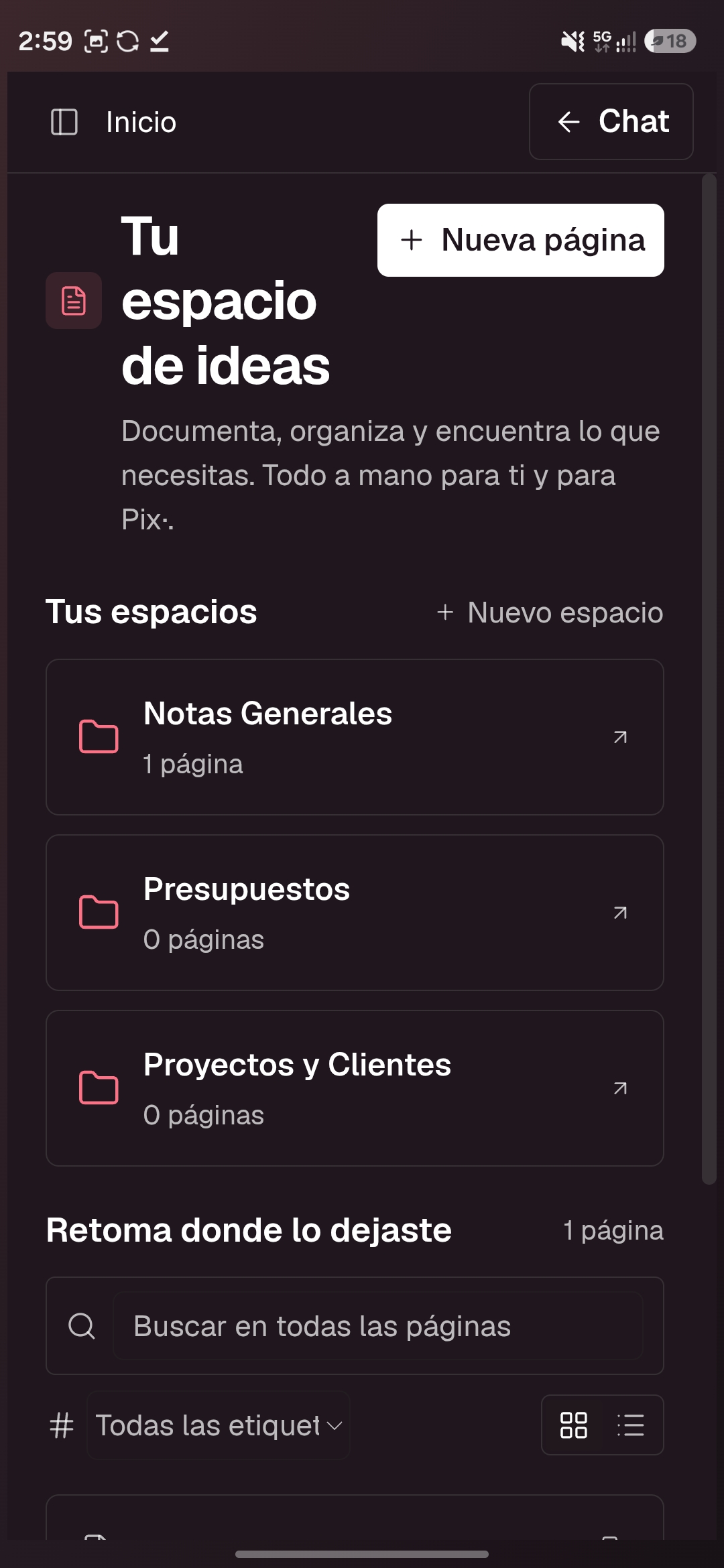 Inicio de Espacios en el móvil, con Notas, Presupuestos y Proyectos