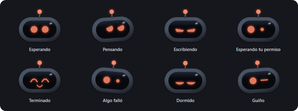 Las caras de Pix: esperando, pensando, escribiendo, esperando tu permiso, terminado, algo falló, dormido y guiño