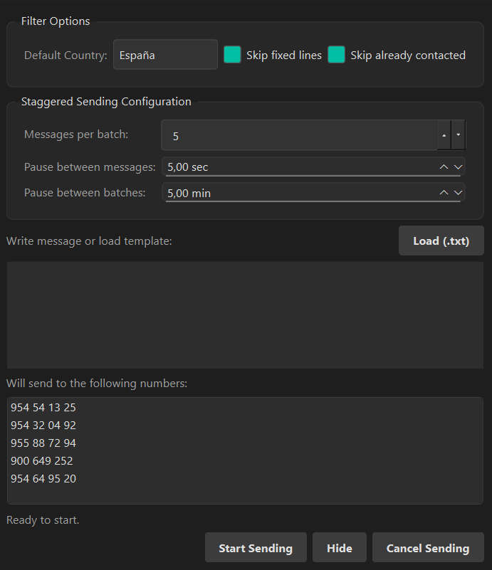 Configuración de envío de WhatsApp