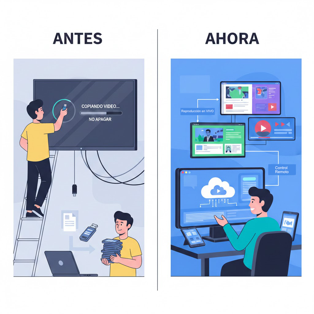 Comparativa: Antes (USB manual) vs Ahora (Gestión Cloud)