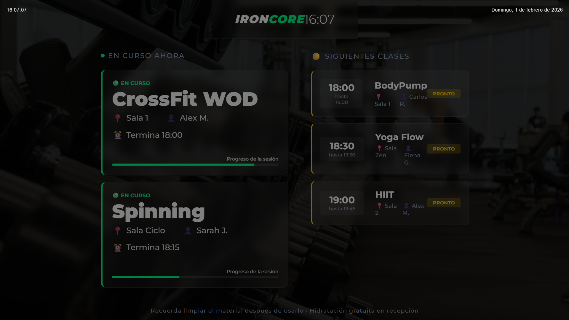 Pantalla de horarios gimnasio